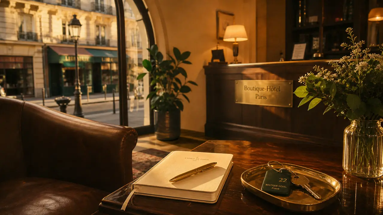 Boutique hôtel paris : intérieur feutré et vue sur une rue calme, golden hour