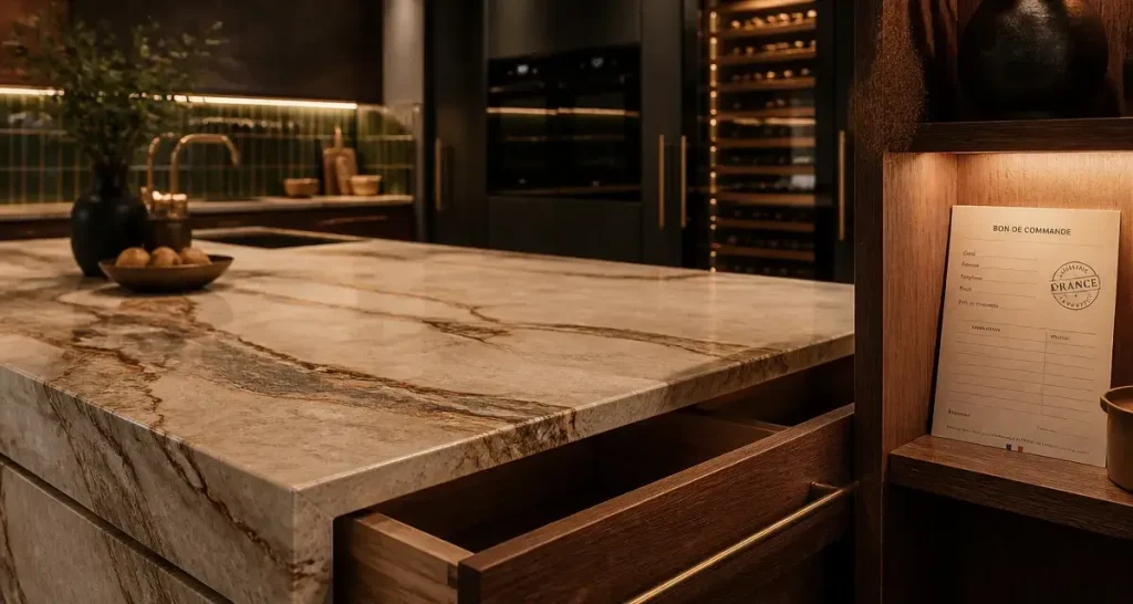 Cuisine haut de gamme française sur-mesure : plan quartzite sans joint et détails bois massif
