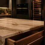 Cuisine haut de gamme française sur-mesure : plan quartzite sans joint et détails bois massif