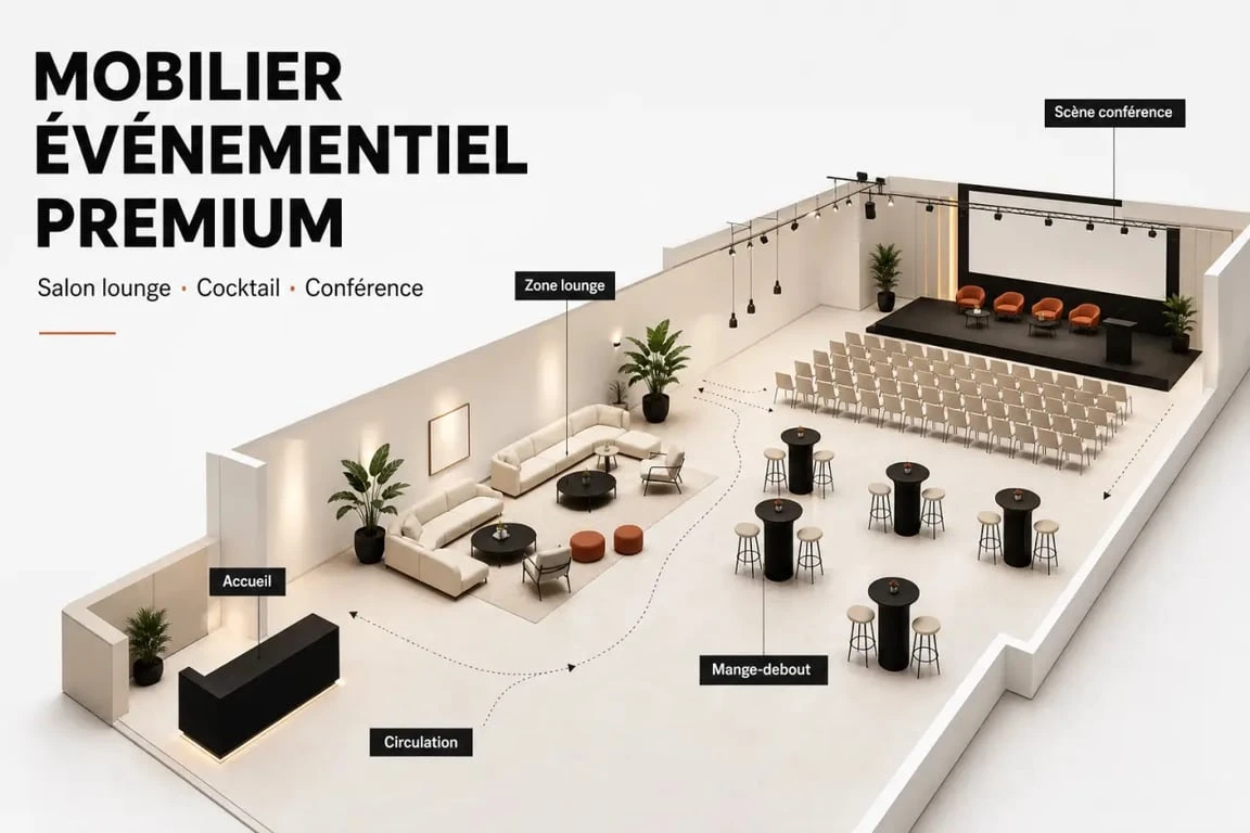 Location mobilier design : salon lounge premium aménagé pour un événement professionnel