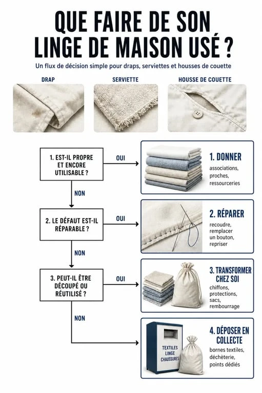 Recyclage linge de maison : décider entre donner, réparer, déposer en collecte ou transformer