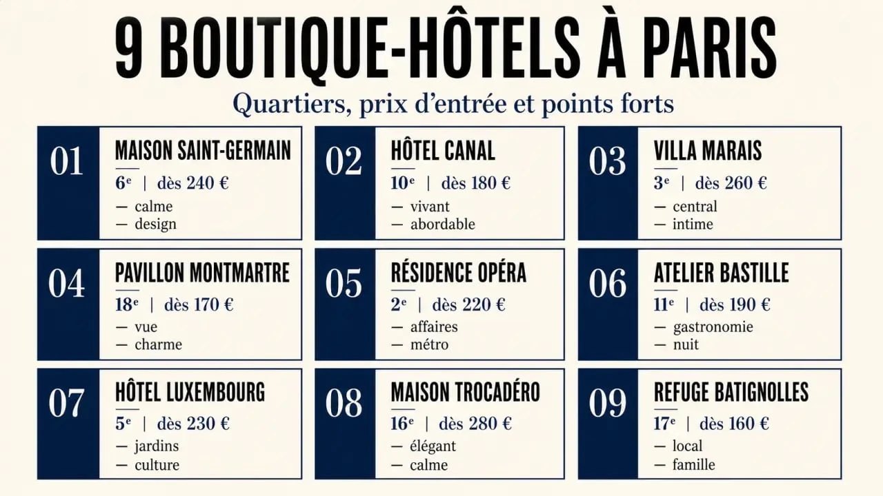 Infographie boutique hôtel paris avec quartiers, prix d’entrée et points forts des meilleures adresses