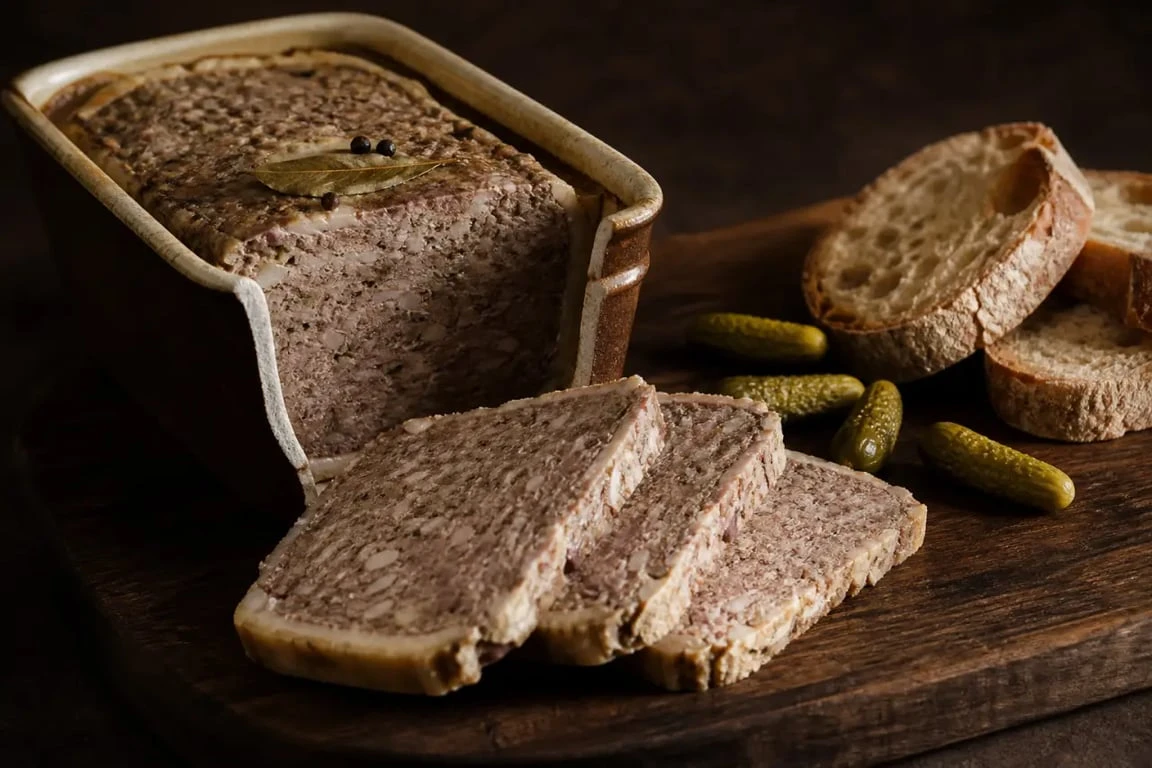 Recette pates de campagne maison servie en terrine rustique avec pain de campagne et cornichons