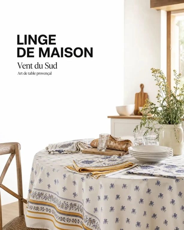 Linge de maison Vent du Sud sur une table conviviale avec nappe provençale et torchons assortis