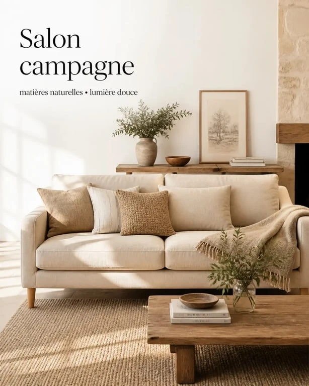 Canapé maison de campagne dans un salon chaleureux avec lin beige et bois clair