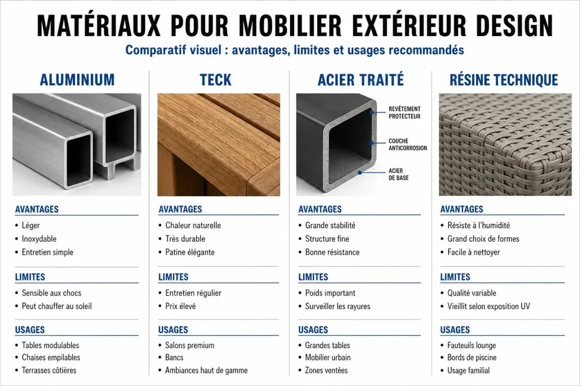 Comparatif du mobilier extérieur design selon les matériaux