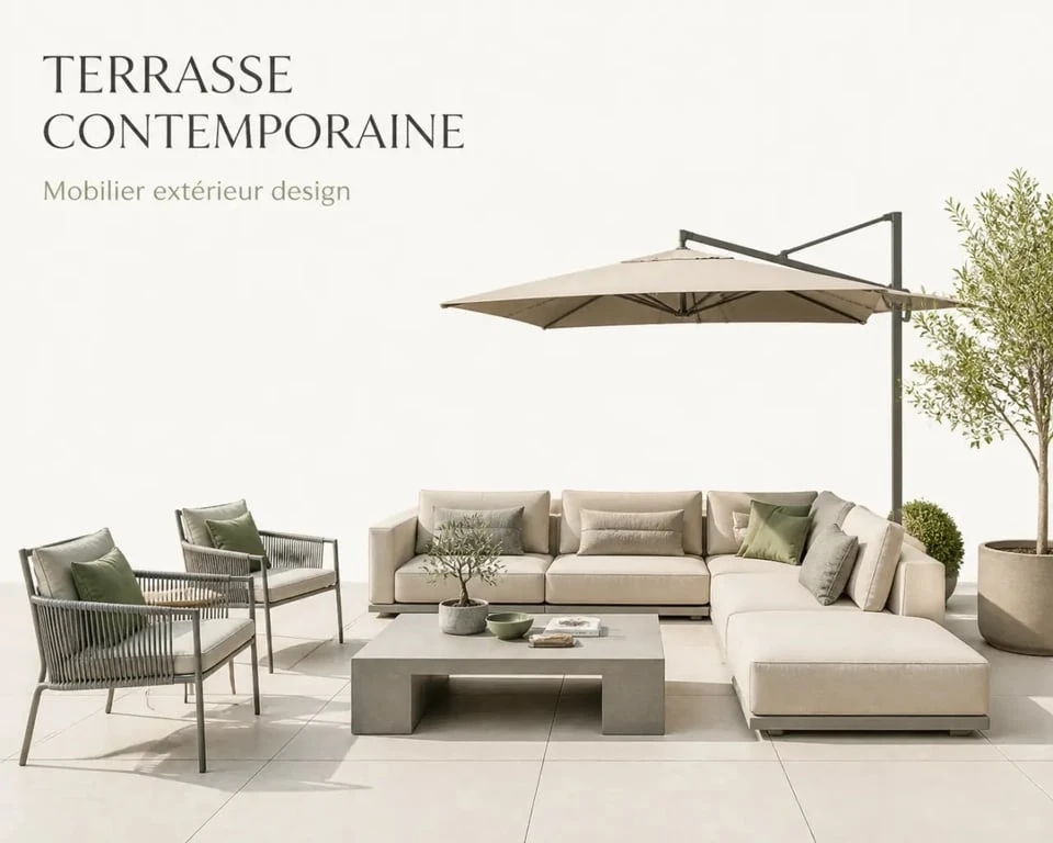Mobilier extérieur design sur terrasse contemporaine avec canapé modulable et parasol déporté