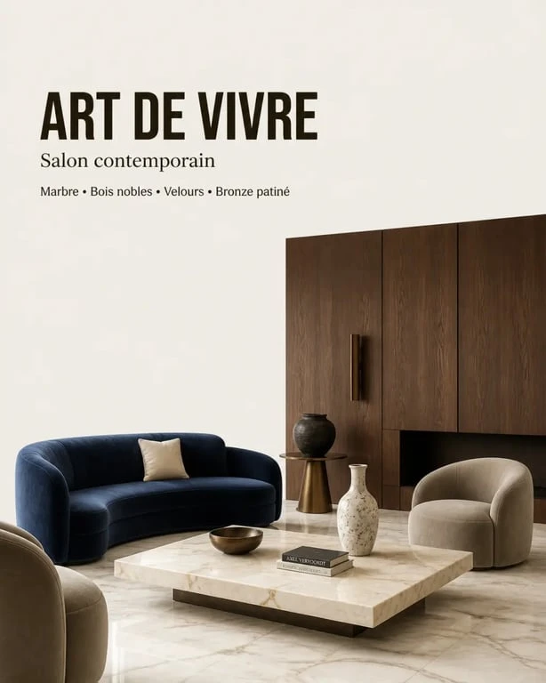 Luxury design art de vivre : intérieur haut de gamme avec marbre, bois nobles et lumière feutrée