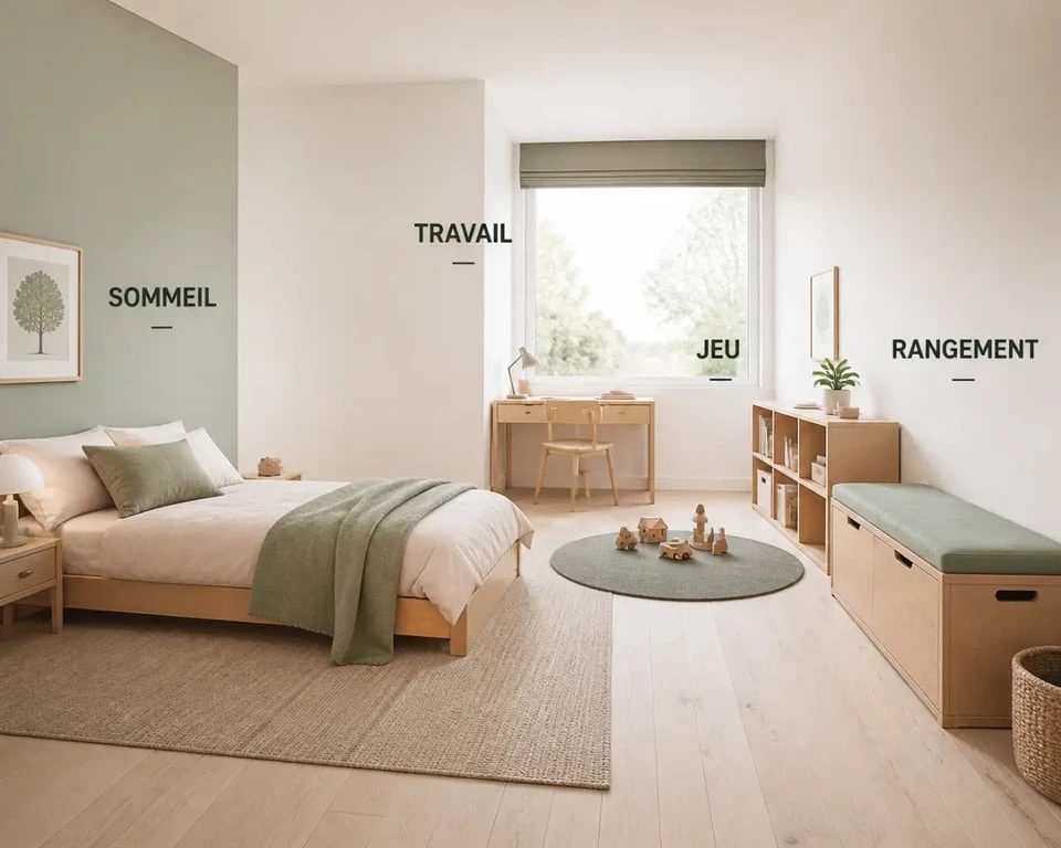 Mobilier enfant design dans une chambre contemporaine avec lit bas, bureau compact et rangements bas