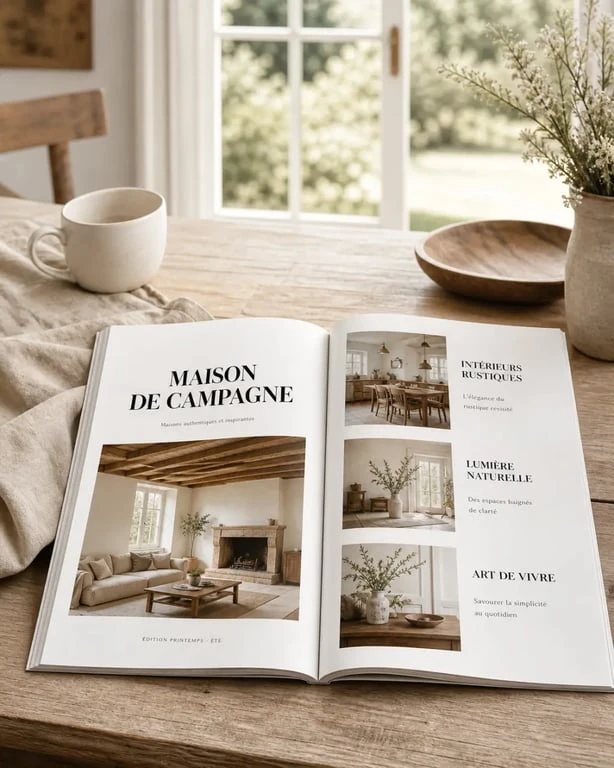 Magazine de maison de campagne ouvert sur une table en bois, avec ambiance rustique et chaleureuse