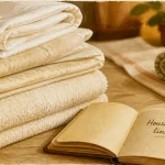 Linge de maison en anglais : household linen, draps et serviettes pliés sur une table