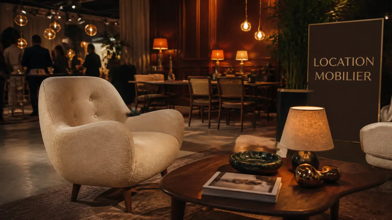 Location mobilier design : lounge premium showroom, fauteuil et table basse