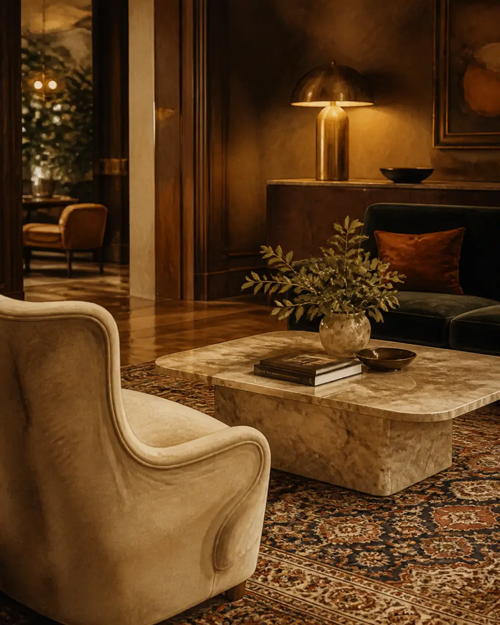 Luxury design art de vivre : fauteuil velours beige et table basse en travertin