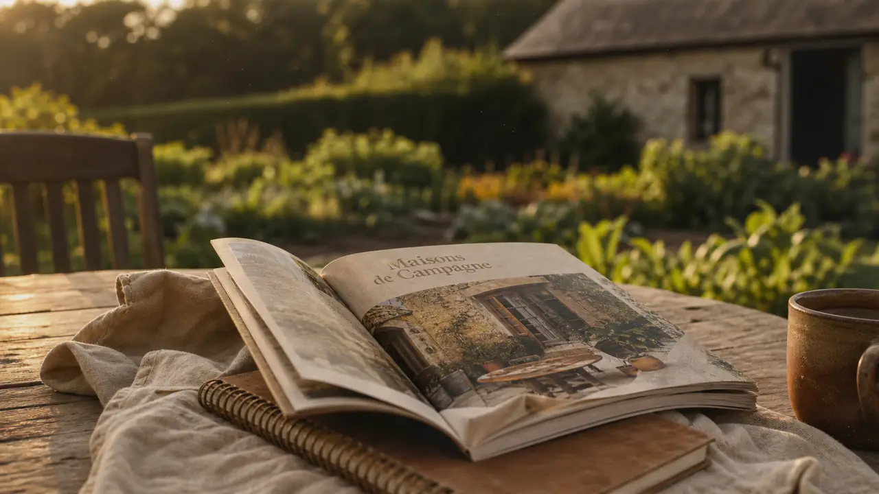 Maison de campagne magazine déco jardin art de vivre, photo golden hour d’un magazine ouvert