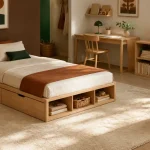 Mobilier enfant design : lit bas et bureau dans chambre contemporaine