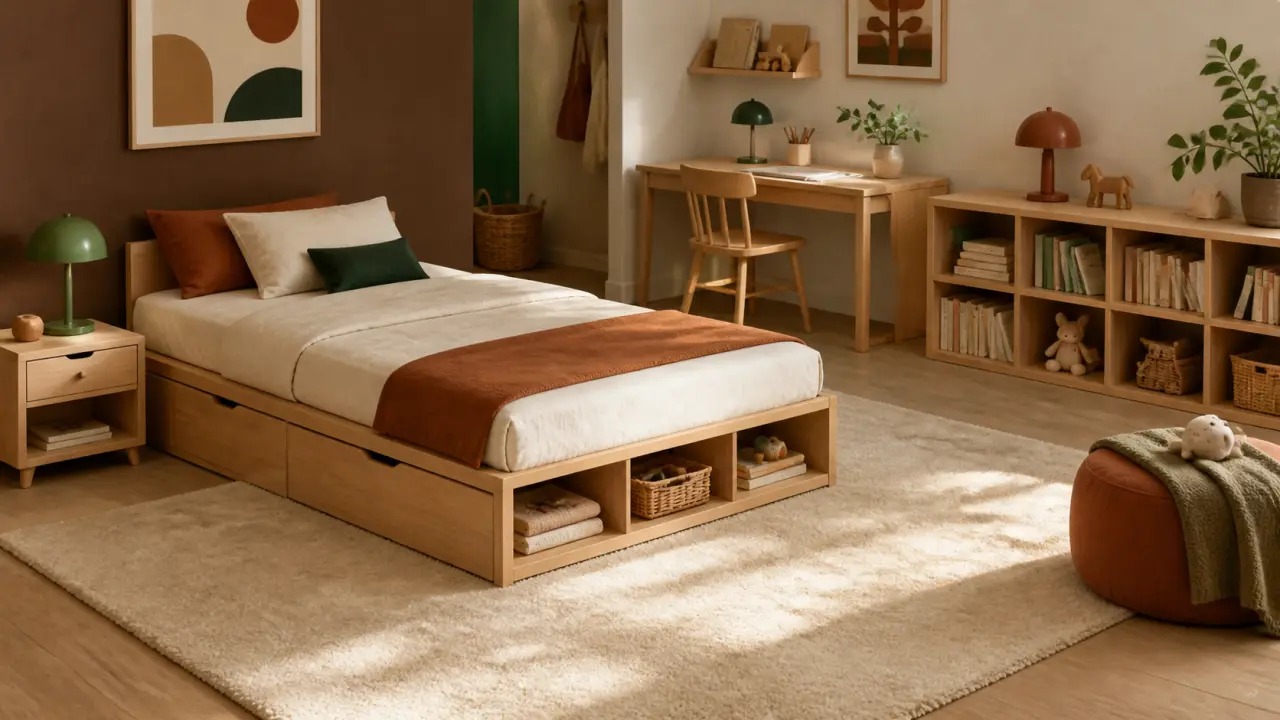 Mobilier enfant design : lit bas et bureau dans chambre contemporaine