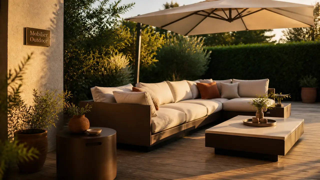 Mobilier exterieur design : terrasse teck, parasol déporté et aluminium, terrasse contemporaine.