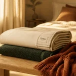 Today linge de maison : parure de lit beige et serviette éponge vert forêt