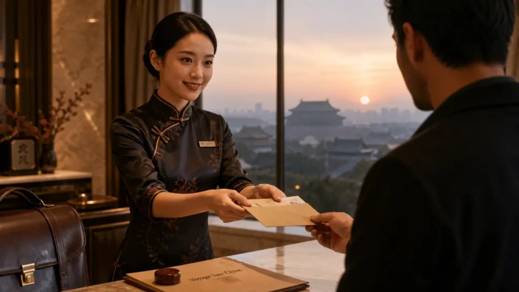 Voyage luxe chine : lobby chic à Pékin, ambiance palace privé
