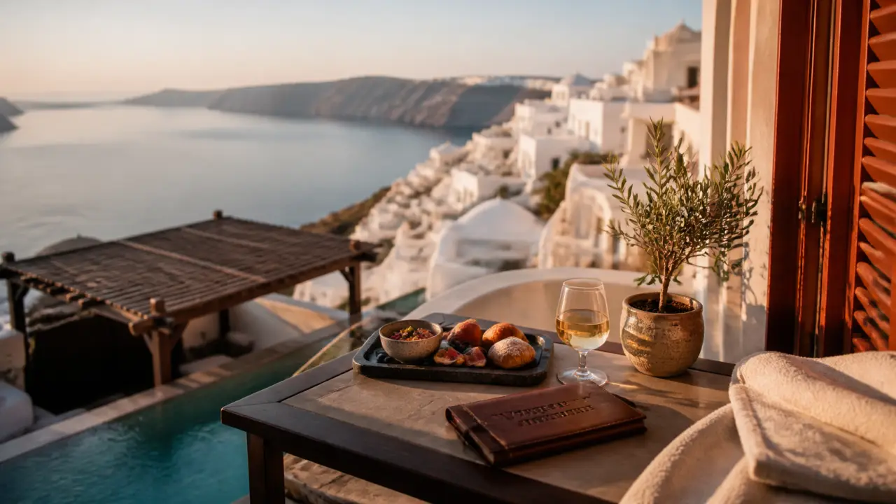 Voyage luxe Grèce à Santorin : balcon, piscine privée et caldeira