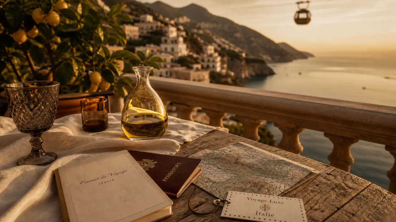 Voyage luxe Italie : balcon amalfitaine sur la Méditerranée, golden hour