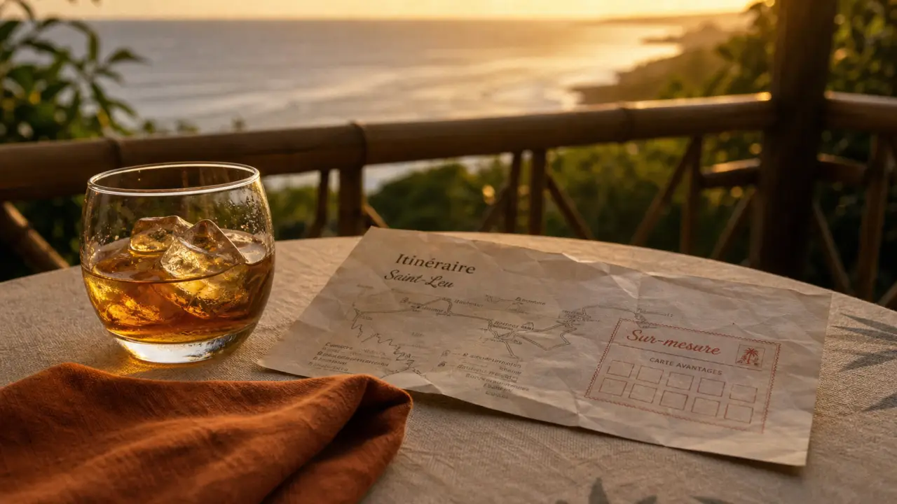 Voyage luxe la reunion à Saint-Leu : verre de rhum et lagon vert au coucher du soleil