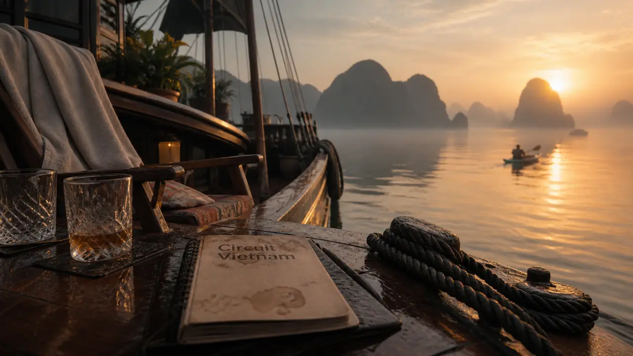 Voyage luxe Vietnam : jonque de luxe sur Lan Ha au lever du jour