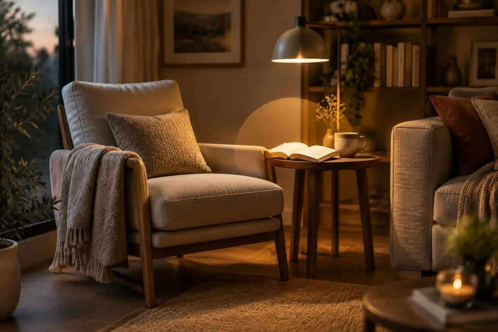 Coin lecture cosy dans le salon : ambiance lumineuse