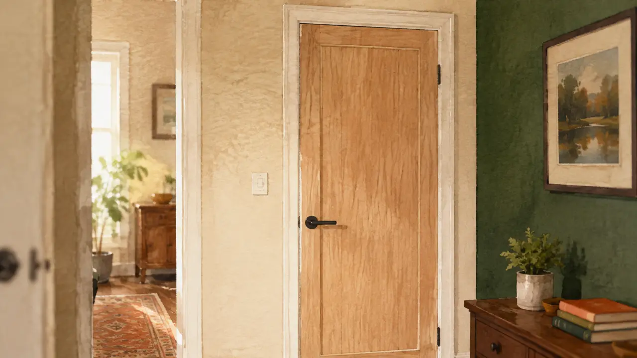 Décoration porte intérieure avec habillage adhésif effet bois clair, porte blanche.