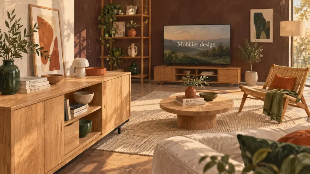 Drawer mobilier design : buffet bois clair, salon lumineux