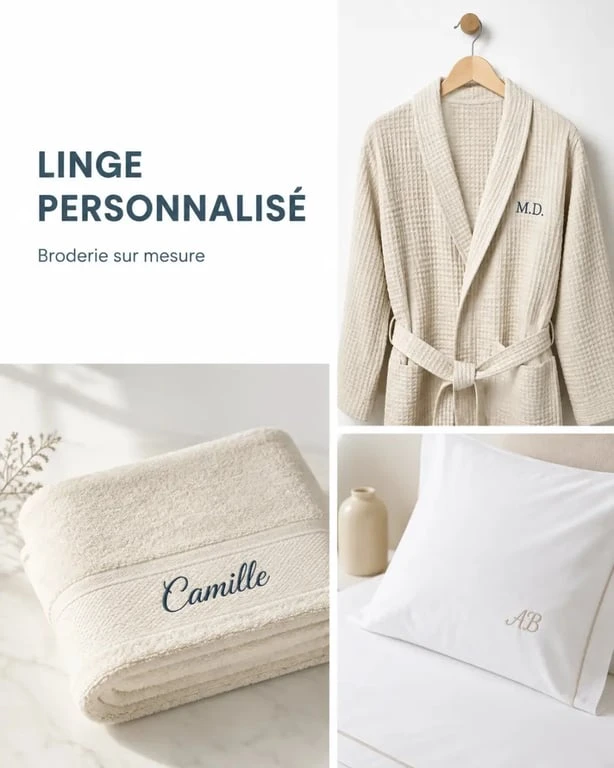 Exemples de linge de maison personnalisé avec broderie de prénom, initiales et monogramme