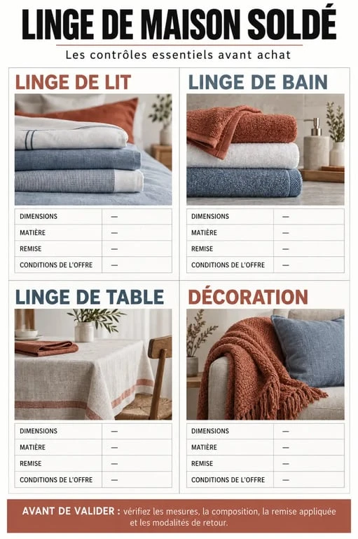 Infographie sur le linge de maison soldé : lit, bain, table et décoration