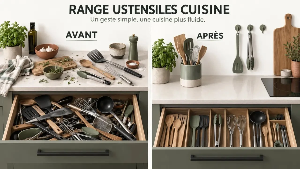 Range ustensiles cuisine organisé dans un tiroir, sur le plan de travail et au mur avant après