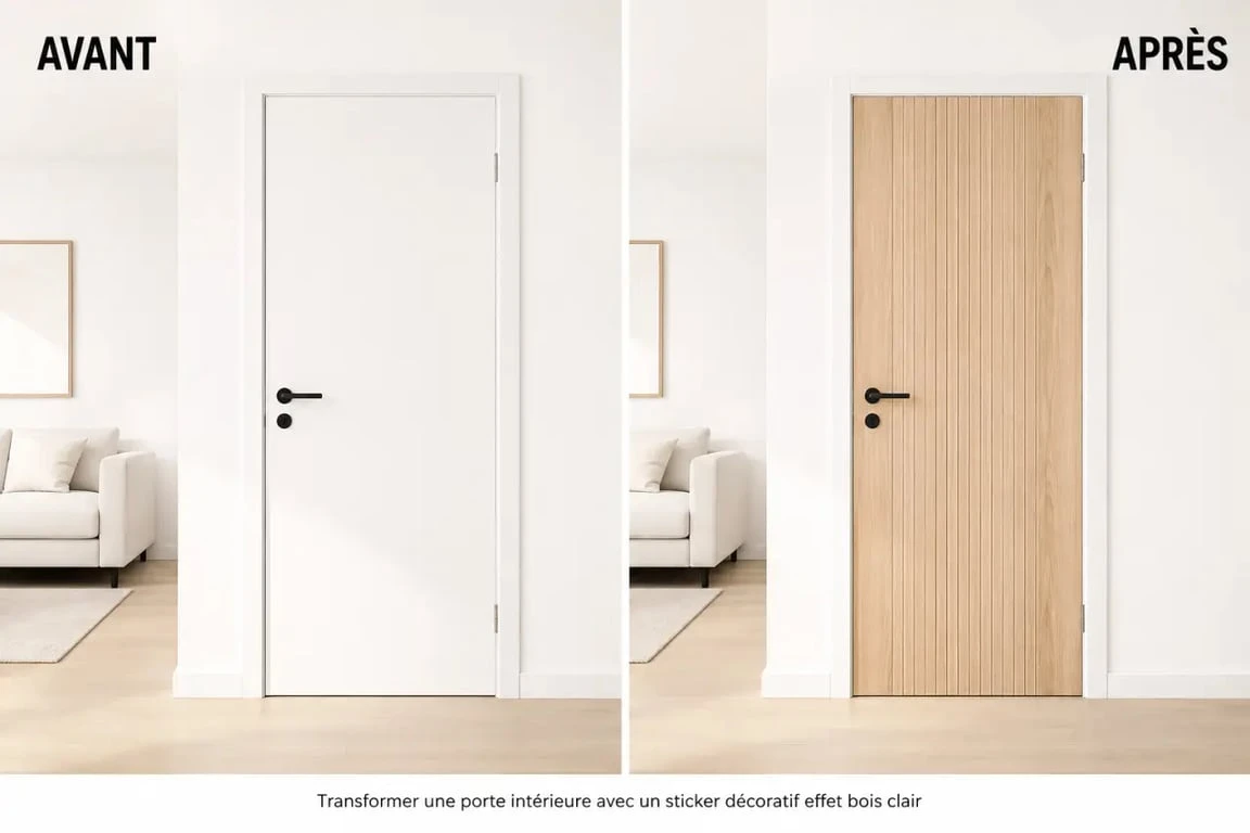 Décoration porte intérieure avant et après avec sticker décoratif effet bois clair