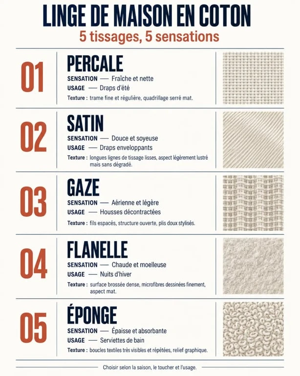 Infographie sur les types de linge de maison coton et leurs usages