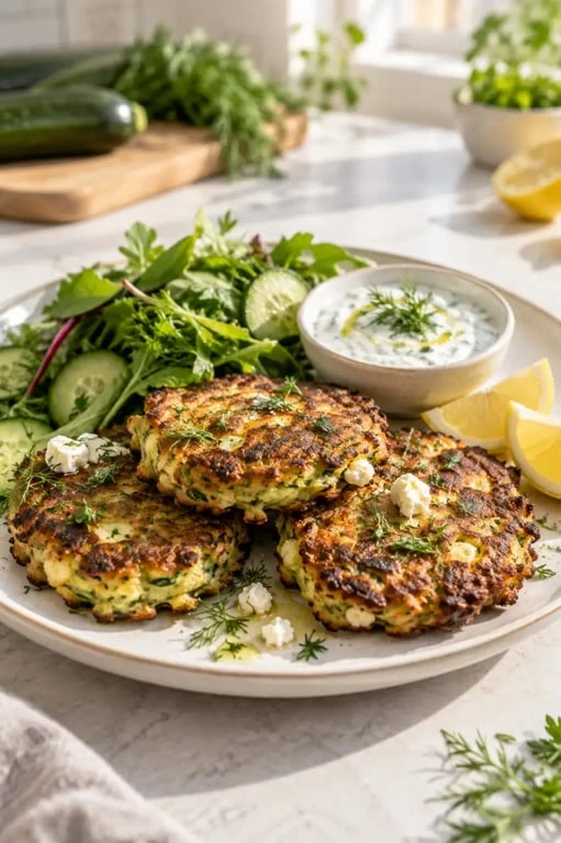 Recettes légumes faciles : galettes de courgettes et feta servies avec salade et sauce au yaourt