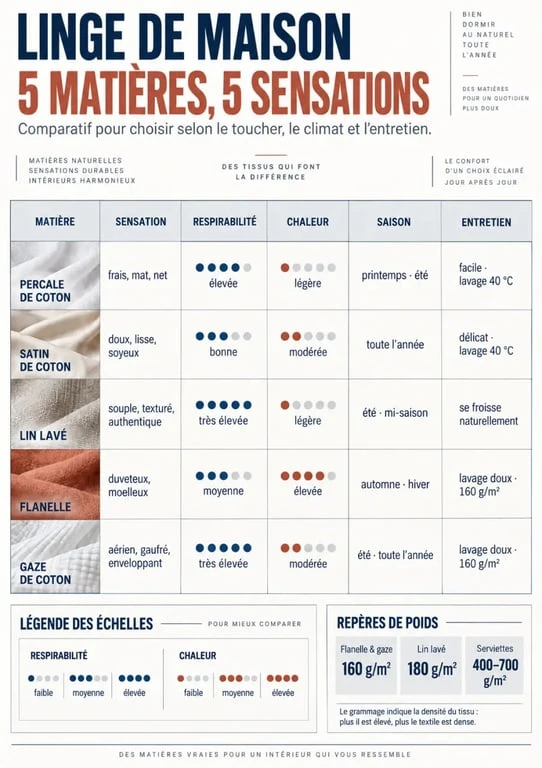 Linge de maison qualité : comparaison visuelle des matières percale, satin, lin, flanelle et gaze de coton
