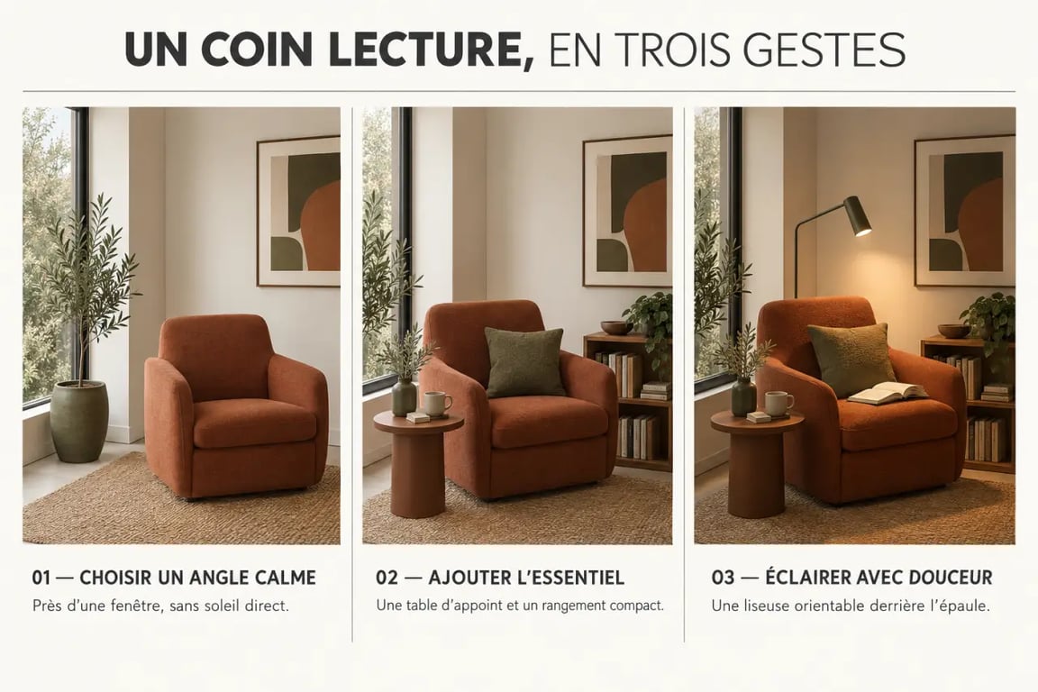 Illustration des étapes pour aménager un coin lecture cosy dans son salon