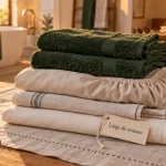 Linge de maison définition : linge de maison plié, coton et lin