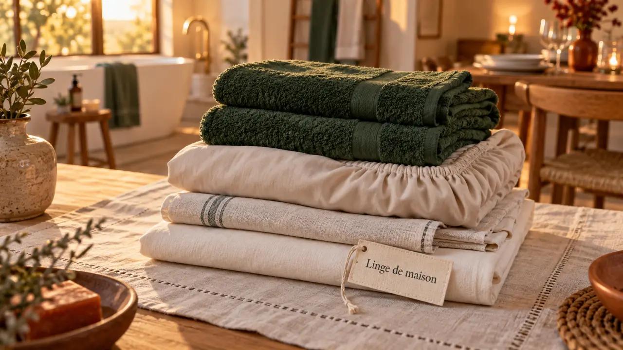 Linge de maison définition : linge de maison plié, coton et lin