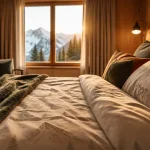 Linge de maison montagne : chambre avec housse flanelle et plaid dans un chalet contemporain à la golden hour