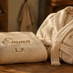 Linge de maison personnalisé avec broderie dorée sur serviette et peignoir