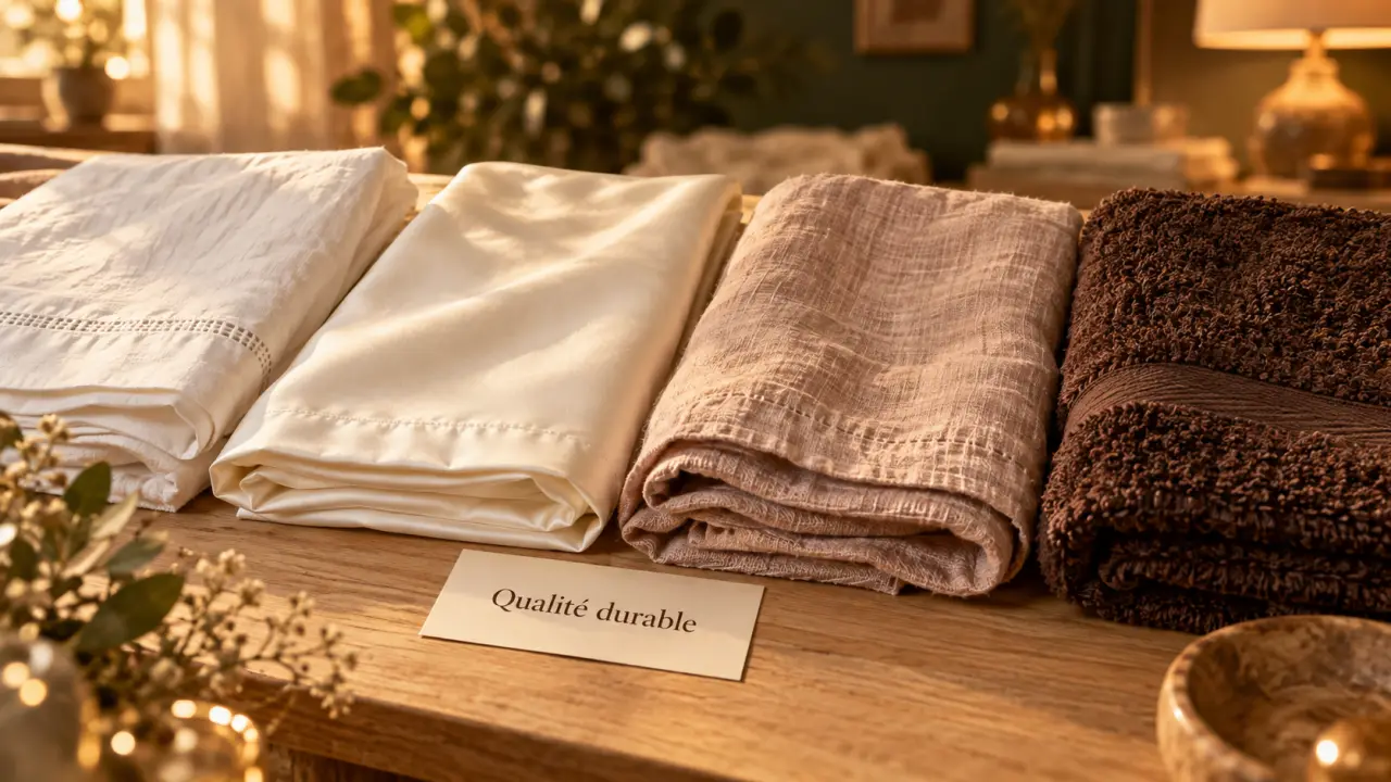 Linge de maison qualité : percale, satin coton et lin lavé sur table bois