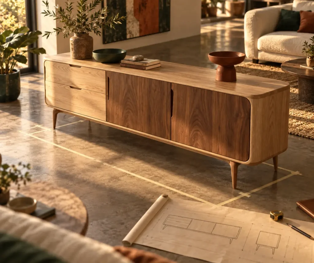 Mobilier bois design en chêne clair et noyer, salon au bureau