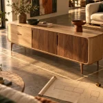 Mobilier bois design en chêne clair et noyer, salon au bureau