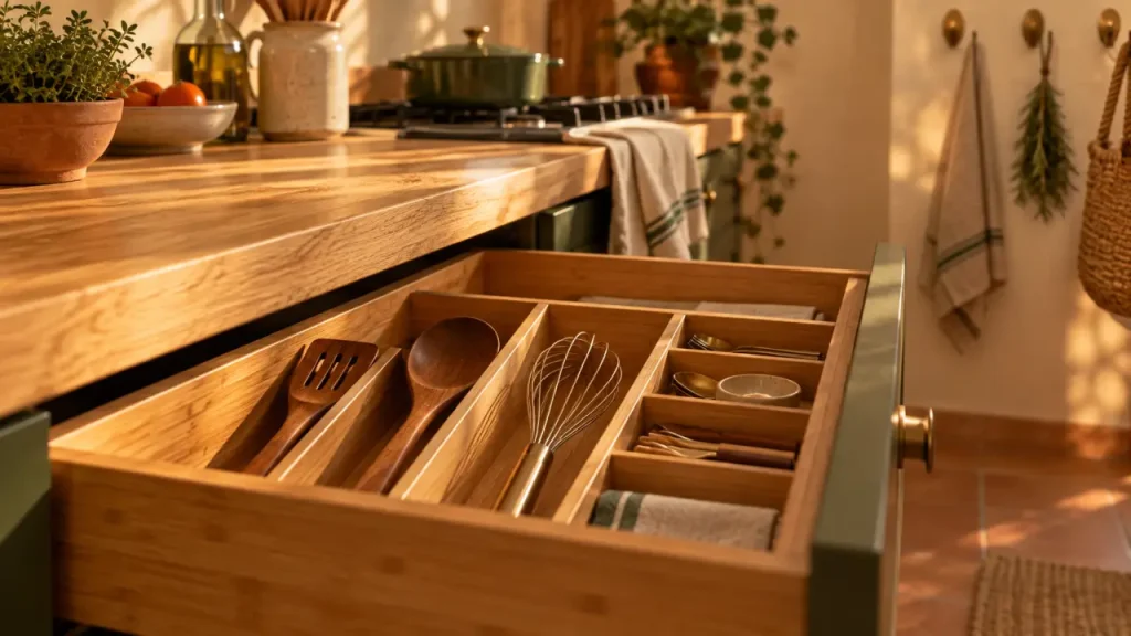 Range ustensiles cuisine en tiroir bambou, spatules et fouet