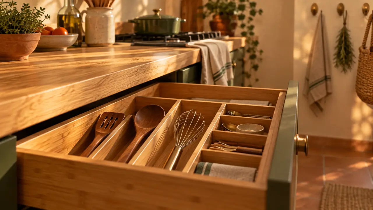 Range ustensiles cuisine en tiroir bambou, spatules et fouet