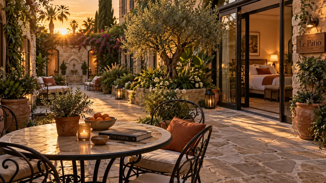 the originals boutique hôtel les strélitzias antibes ouest : patio à Juan-les-Pins, cour intérieure au coucher du soleil