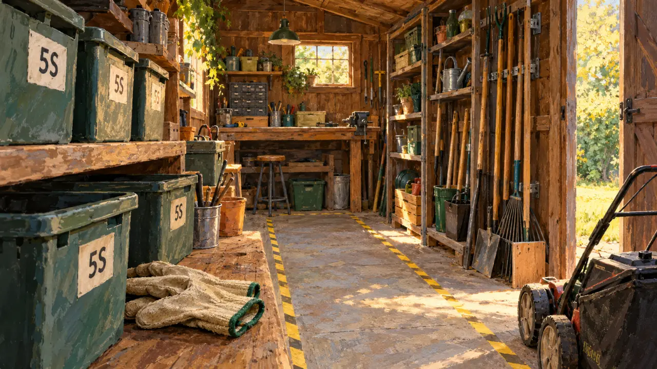 Aménagement abri de jardin : sol dégagé, outils à portée, établi et étagères