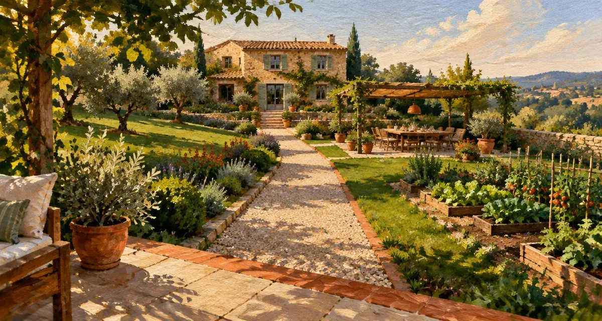 Aménagement d'un jardin : allée en graviers, pelouse et potager ensoleillé